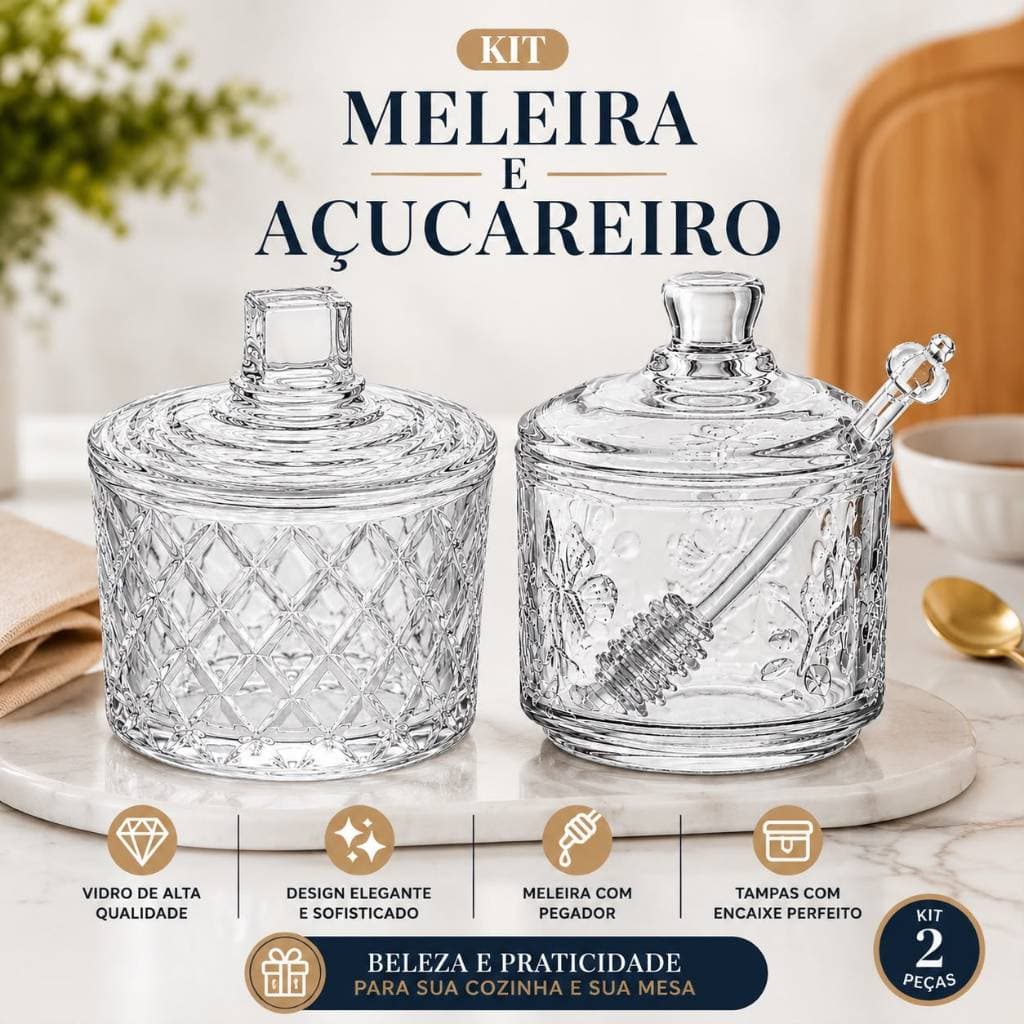 KIT MELEIRA E AÇUCAREIRO DE VIDRO COM TAMPA MELEIRA COM PEGADOR E AÇUCAREIRO DECORATIVO ELEGANTE