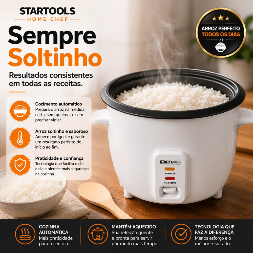 Panela de Arroz Elétrica STARTOOLS Home Chef 1,3L 220V com Cozimento no Vapor Tampa de Vidro Mantém Aquecido Branca.
