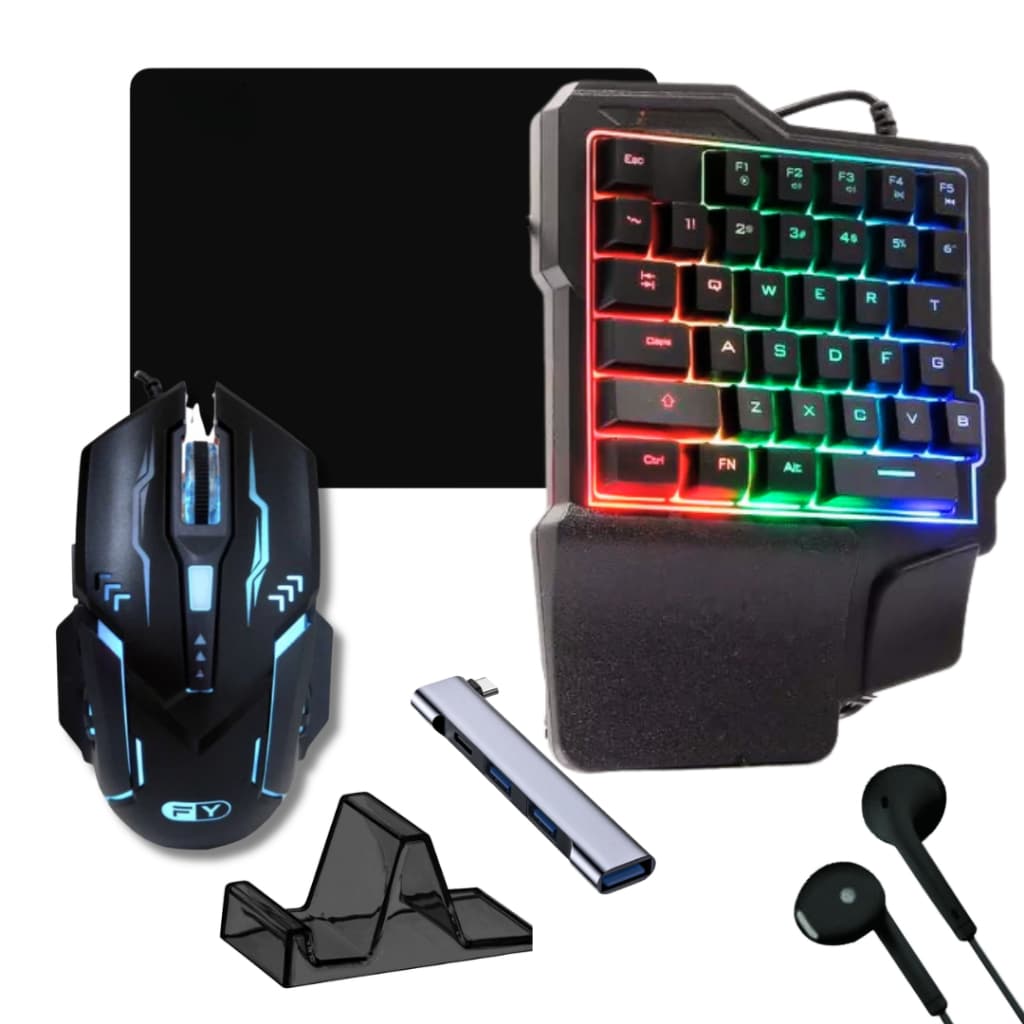 Kit Gamer Teclado One Hand Mouse 7 Botões Fone Mobilador Rgb