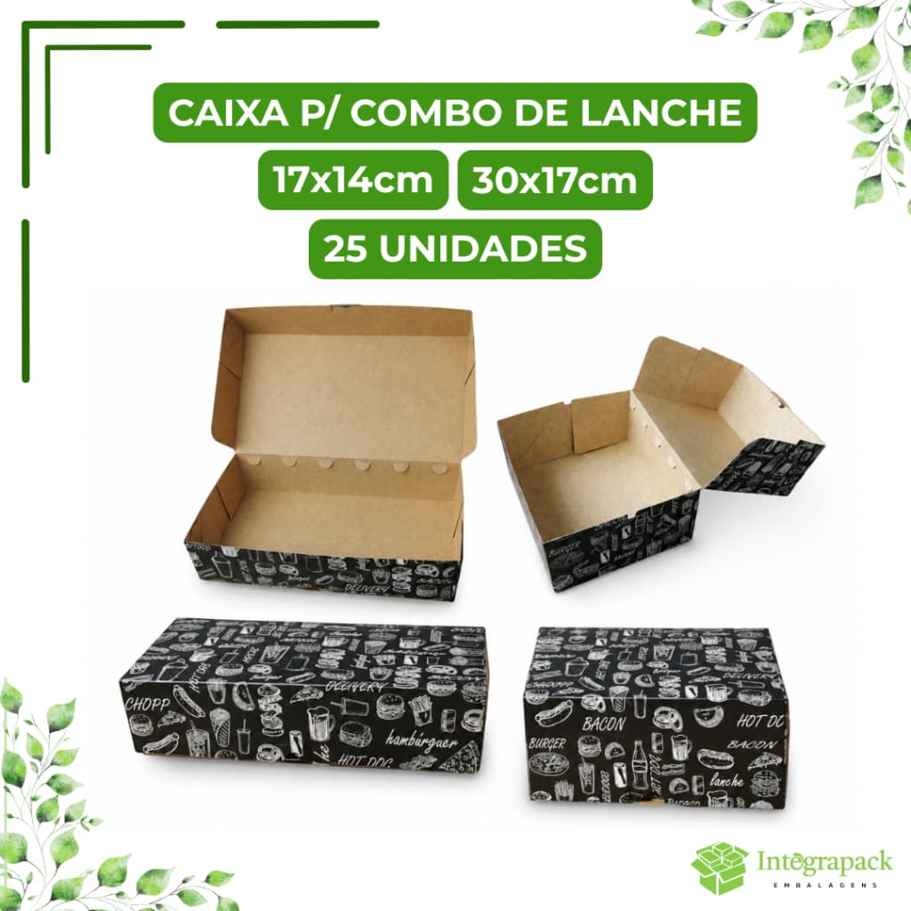 Caixa Combo Lanches Porções Batata Frita Embalagem Kraft Delivery Hamburgueria Food Truck Reforçada