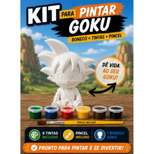 Boneco Goku Dragon Ball para colorir pintar com 6 Tintas para Crianças Infantil Educativa