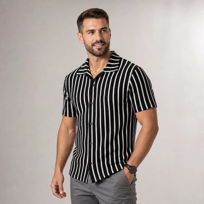 Camisa Masculina Casual de Botão Manga Curta Texturizada Gola Polo