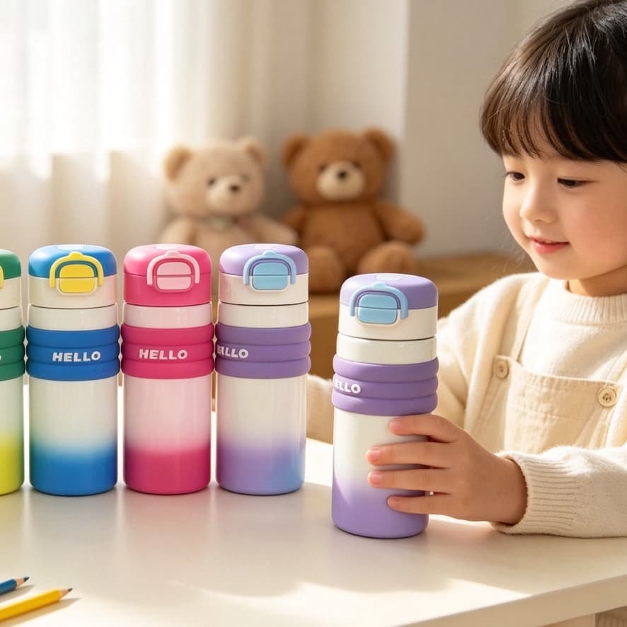 Garrafa Térmica Infantil Fofa Com Trava De Segurança E Botão Clique Copo Inox Escolar Portátil Antivazamento 520ml