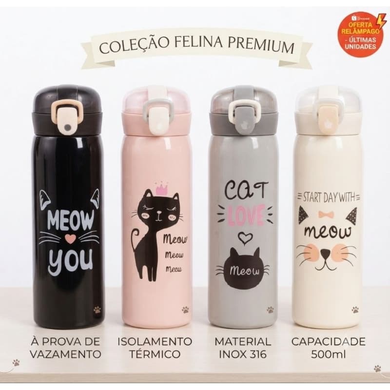 Garrafa Térmica Infantil e Adulto Gatinho Cat Love Canudo de Silicone Inox 500ml