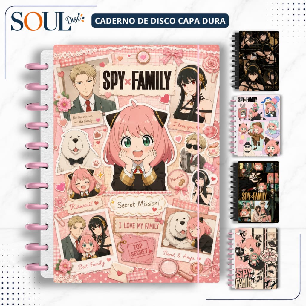CADERNO INTELIGENTE  DE DISCO  SPY X FAMILY - MINI, P, M, G e (G de 10 MATÉRIAS) - COM NOME