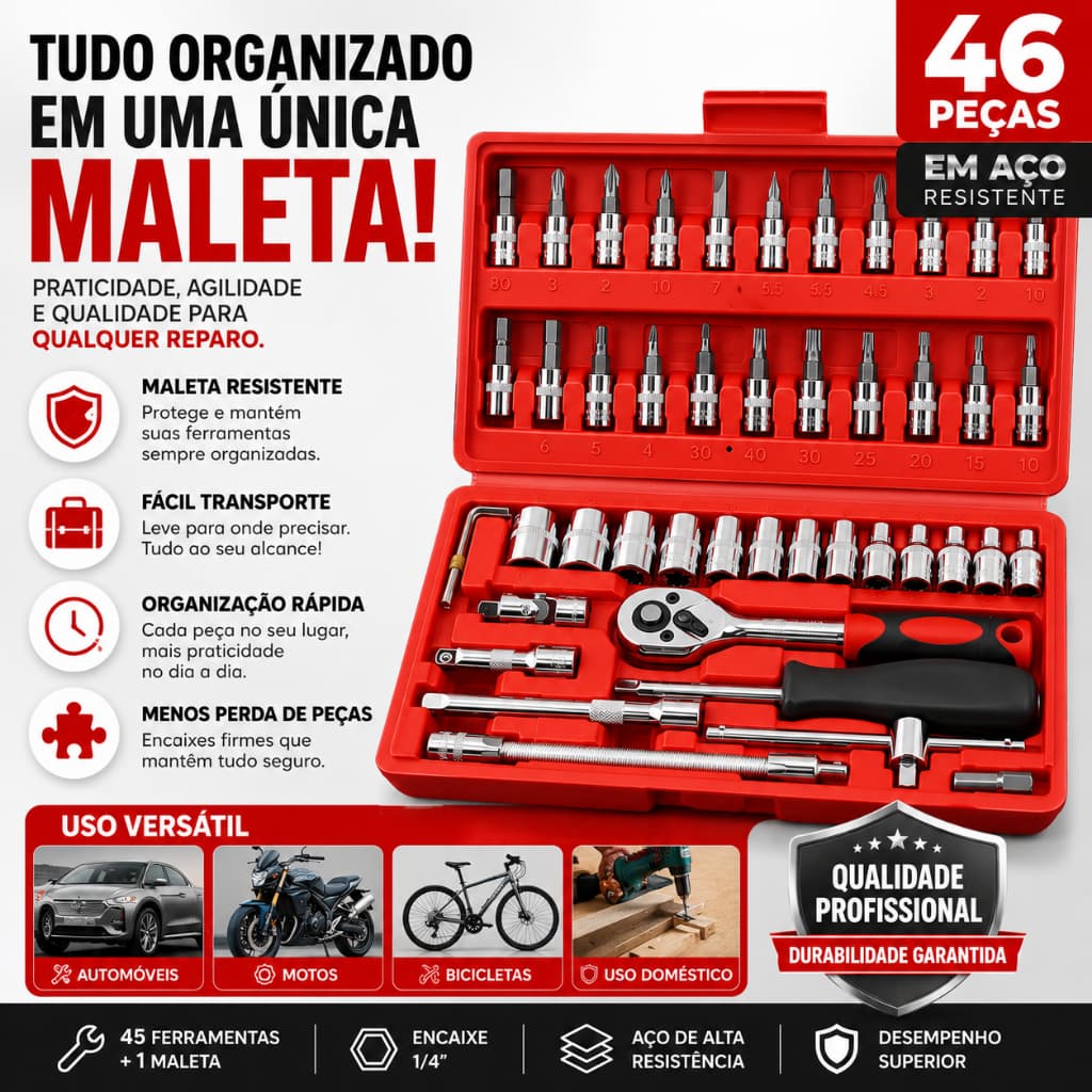 Jogo de Ferramentas 46 Peças com Maleta Kit Soquete 1/4 Aço Catraca Uso Automotivo e Doméstico