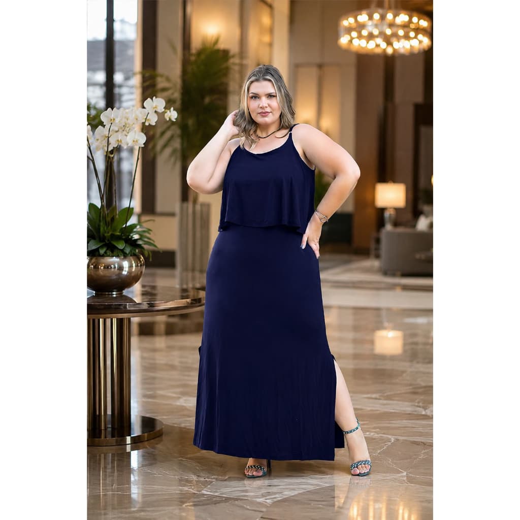 Vestido Plus Size Longo Fendas Laterais Alças Finas com Regulador Bandana GG  ao G4