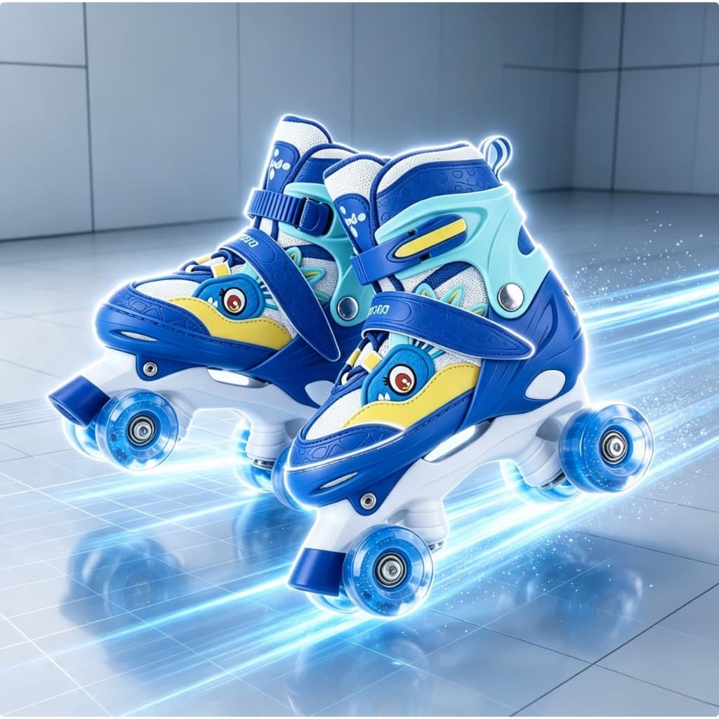 Patins Infantil Azul dinossauro Ajustável Patins Meninos De 4 Rodas Com LED