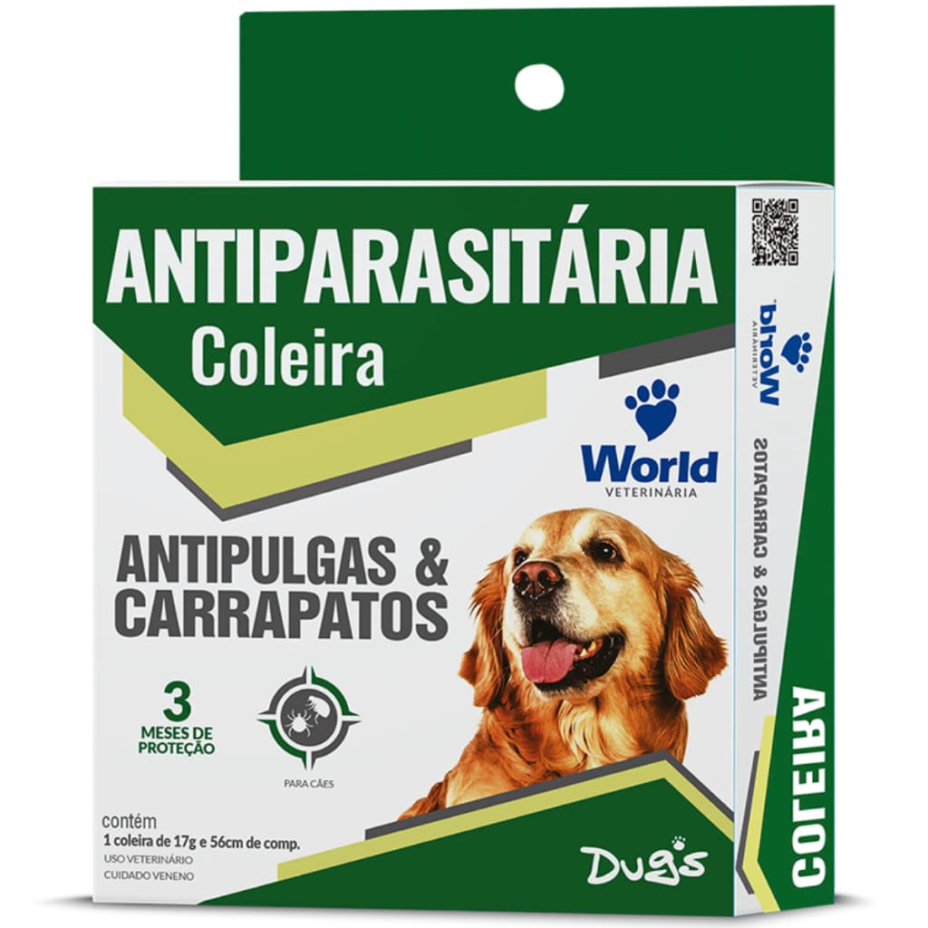 Coleira Cães Antipulgas E Carrapatos Antiparasitários Dugs 56cm World 17g