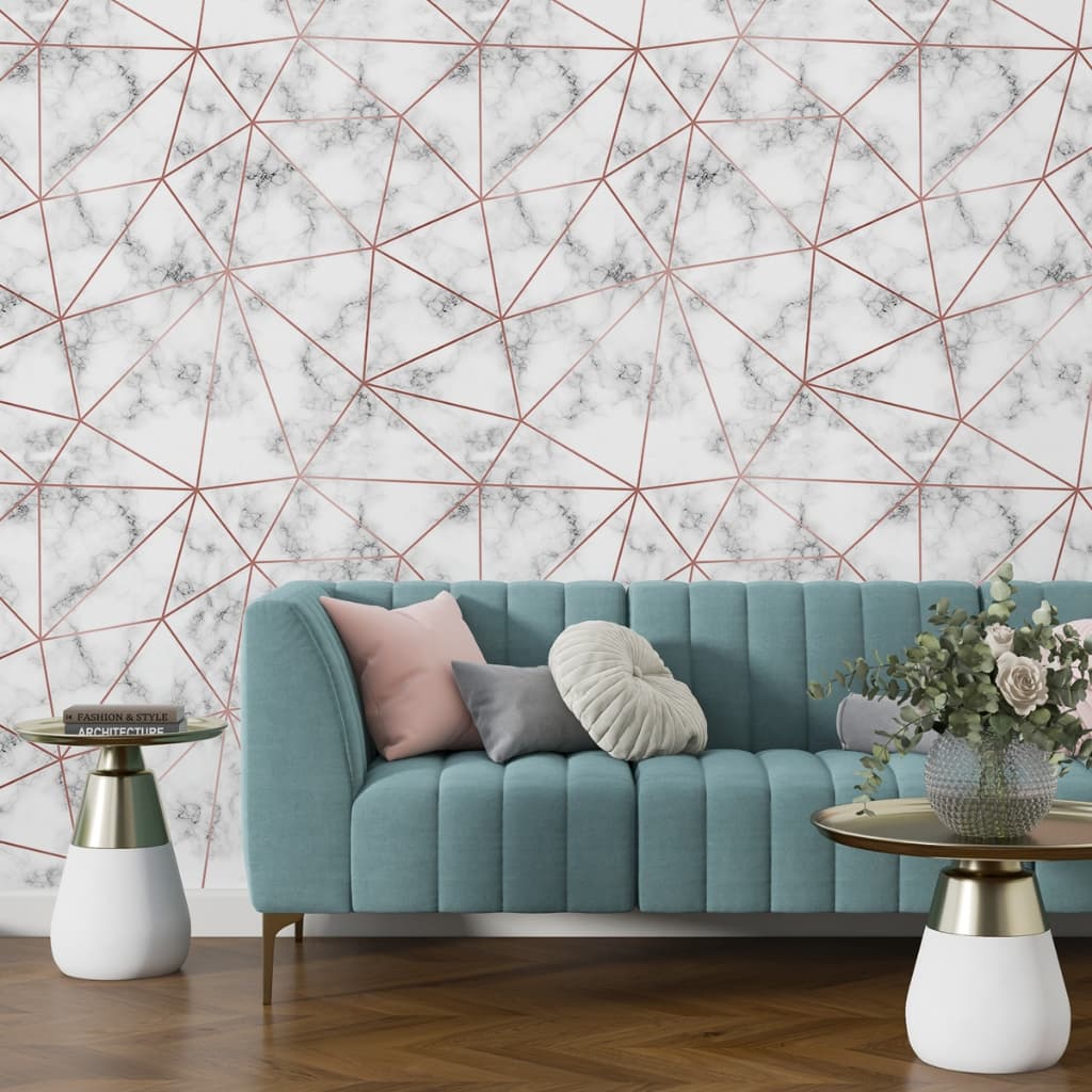 Papel de Parede Zara Geométrico Branco Com Veias Rosa - Adesivo Autocolante