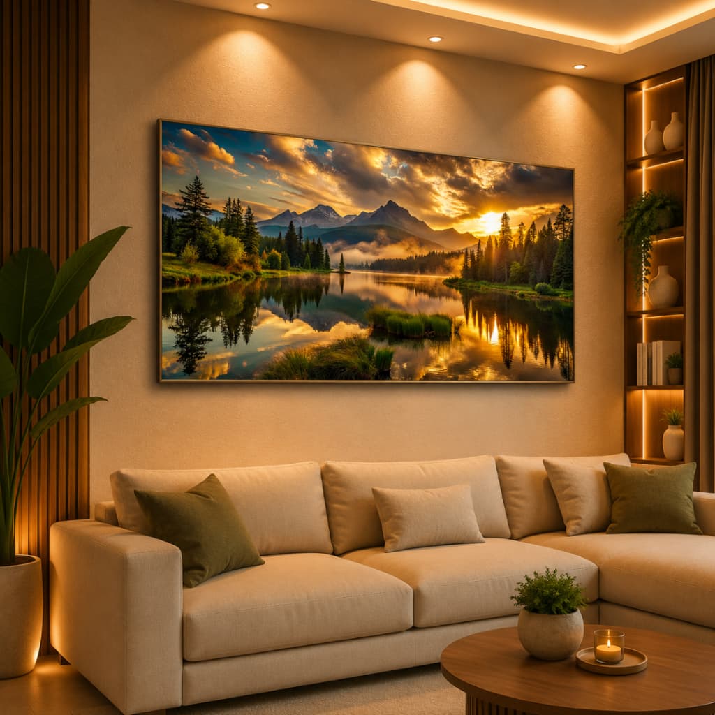 Quadro Decorativo 80x110cm Paisagem Lago Pôr Do Sol Decoração de Parede Hall Luxo Sala Quarto MDF