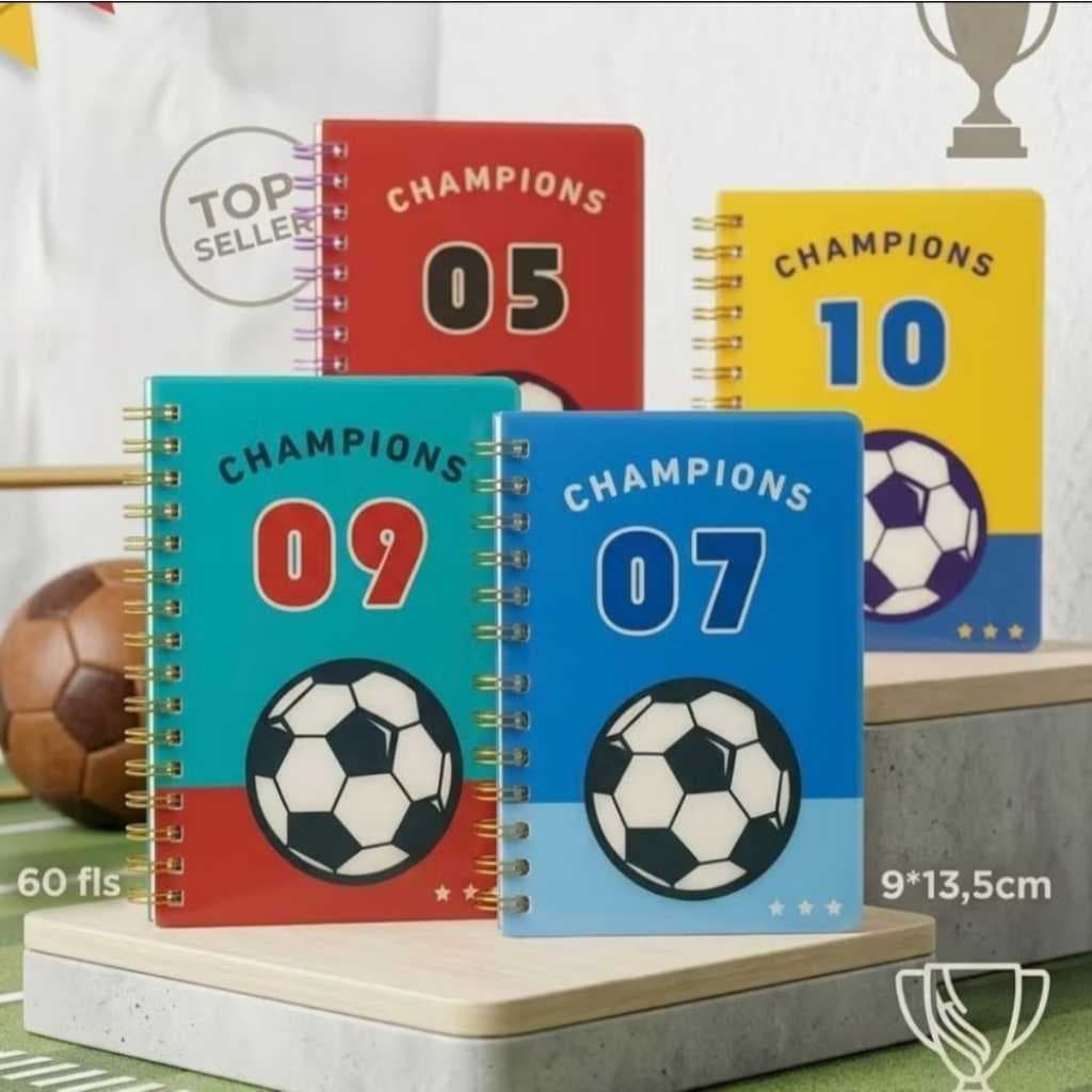 Mini caderno de anotações Champions, Mini caderno futebol Vermelho, Amarelo, Verde, Vermelho, Azul