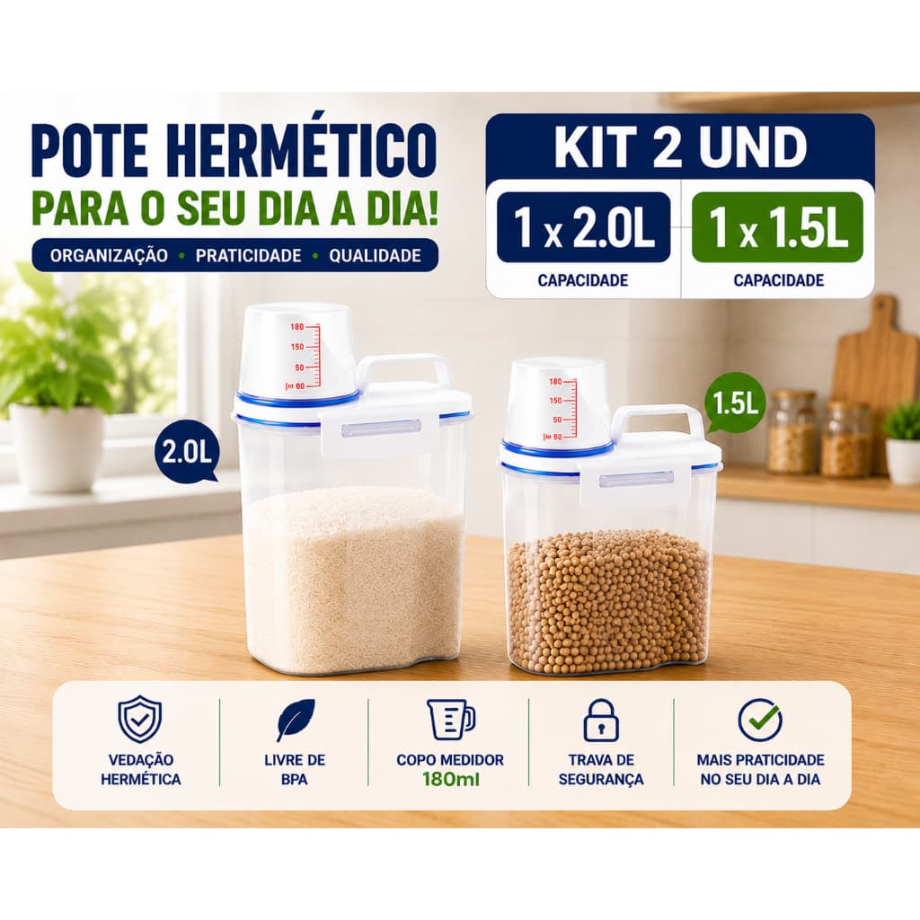 Kit 2 Potes Herméticos Organizadores  2L +1,5L Vedação Hermética BPA Free Copo Medidor Multiuso