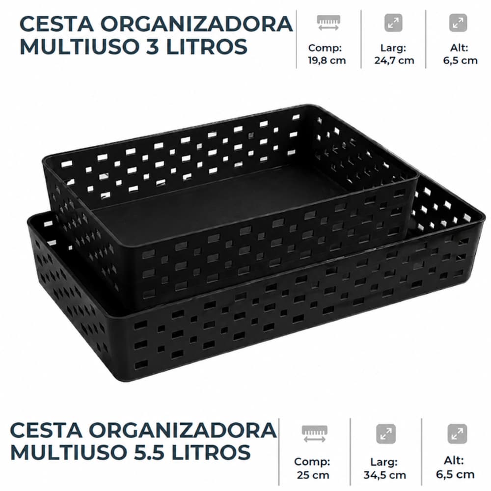 Cesta Organizadora Preta Kit 2 ou 3 Unidades Reforçada Branca Cozinha Quarto Sala Banheiro