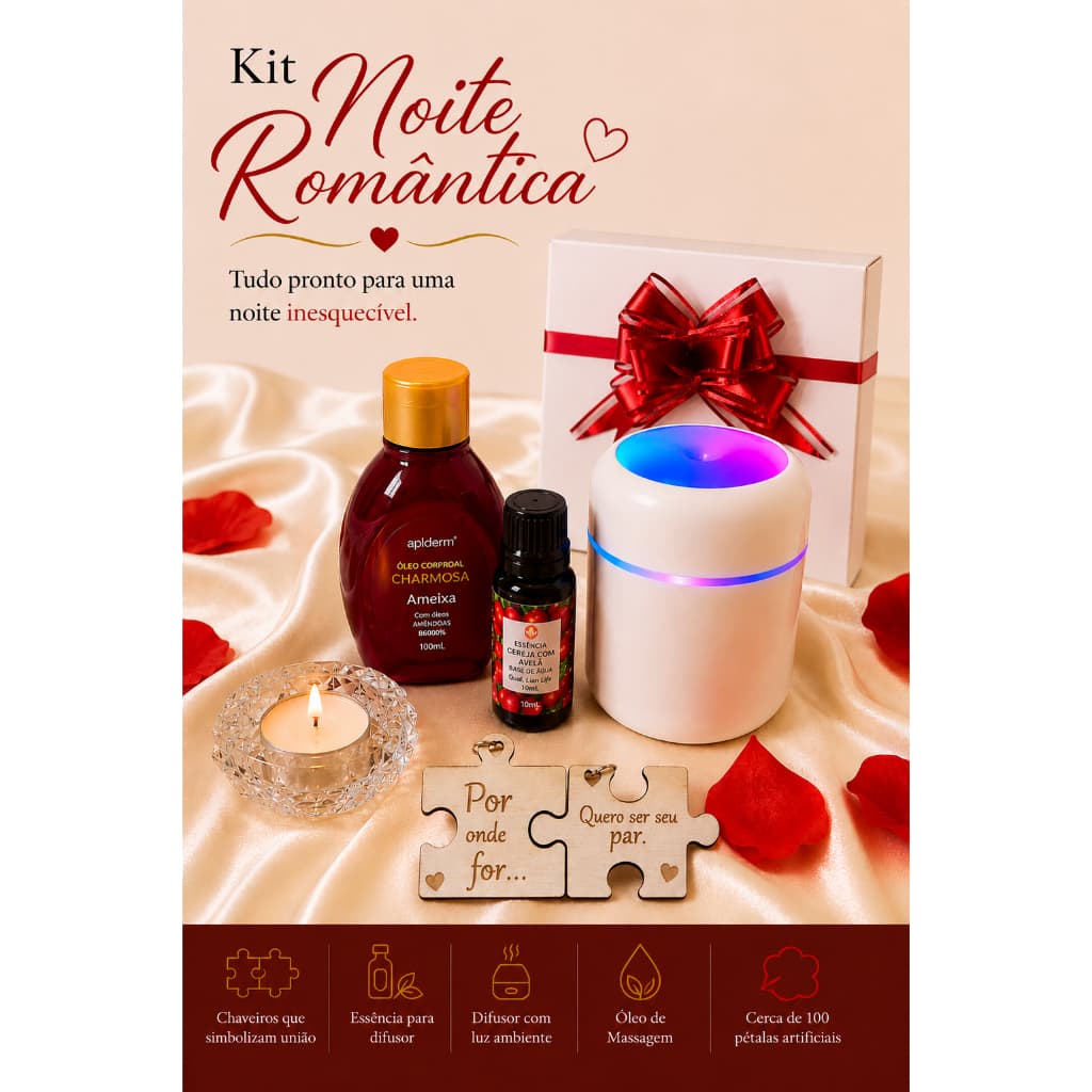 Kit Presente Romântico Casal Namorada Namorado com Pétalas de Rosas Artificiais e Vela