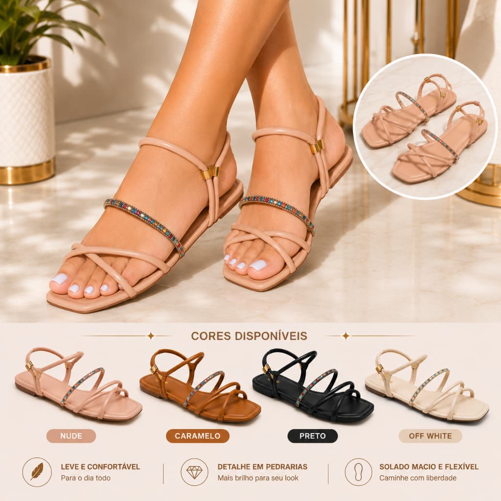 kit com 2 pares de rasterinha feminina sandalia basica rasteira strass colorido