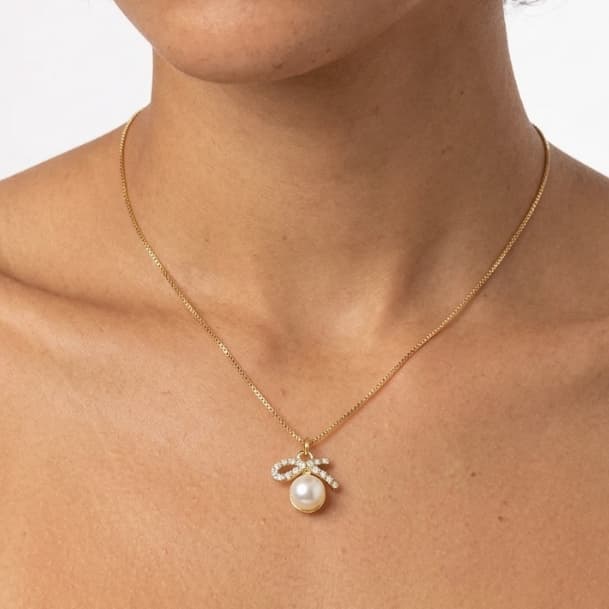 Colar Veneziana Laço Cravejado com Pérola – Banhado a Ouro 18K