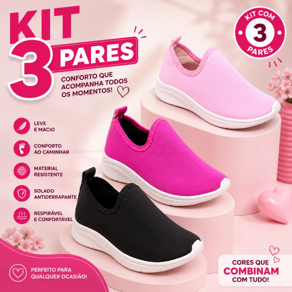KIT 3 PARES TÊNIS CALCE FÁCIL MENINA  ESCOLAR CONFORTÁVEL BARATO