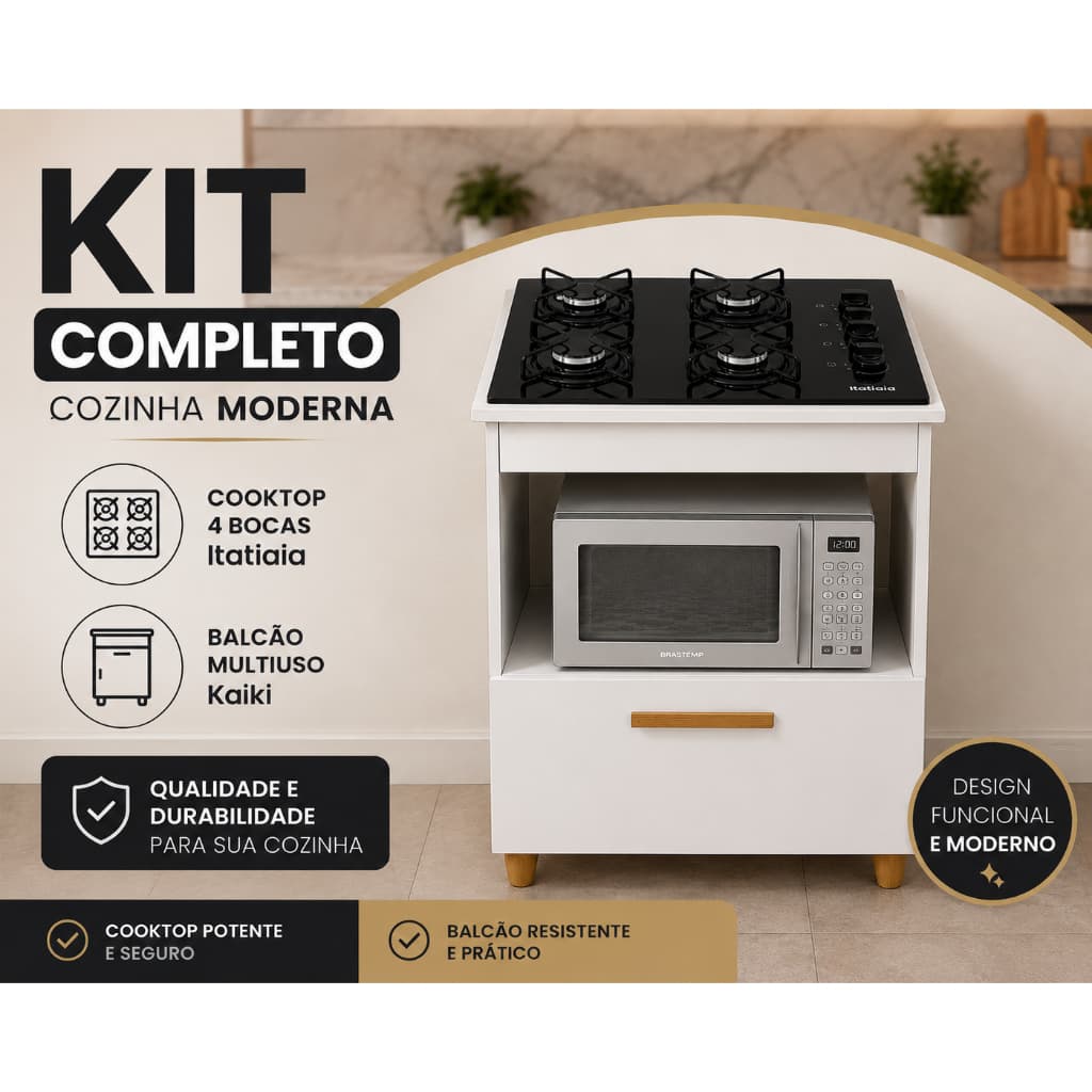 Balcão Salvia para Cooktop 4 e 5 Bocas Branco com Cooktop Itatiaia Preto