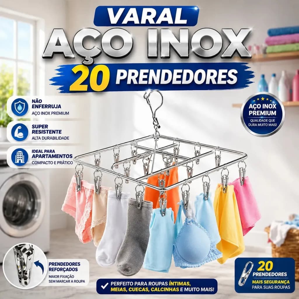 Varal Suspenso em Aço Inox com 20 Prendedores Roupas Íntimas Roupas de Bebê Design Compacto e Moderno