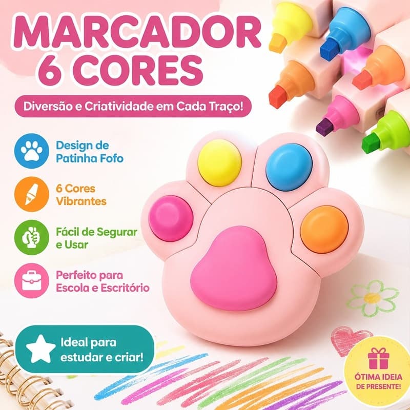 Marca Texto Patinha de Gato 4 Cores Fluorescentes em 1 Design Fofo e Cores Suaves para Planner e Marcação de Texto 900