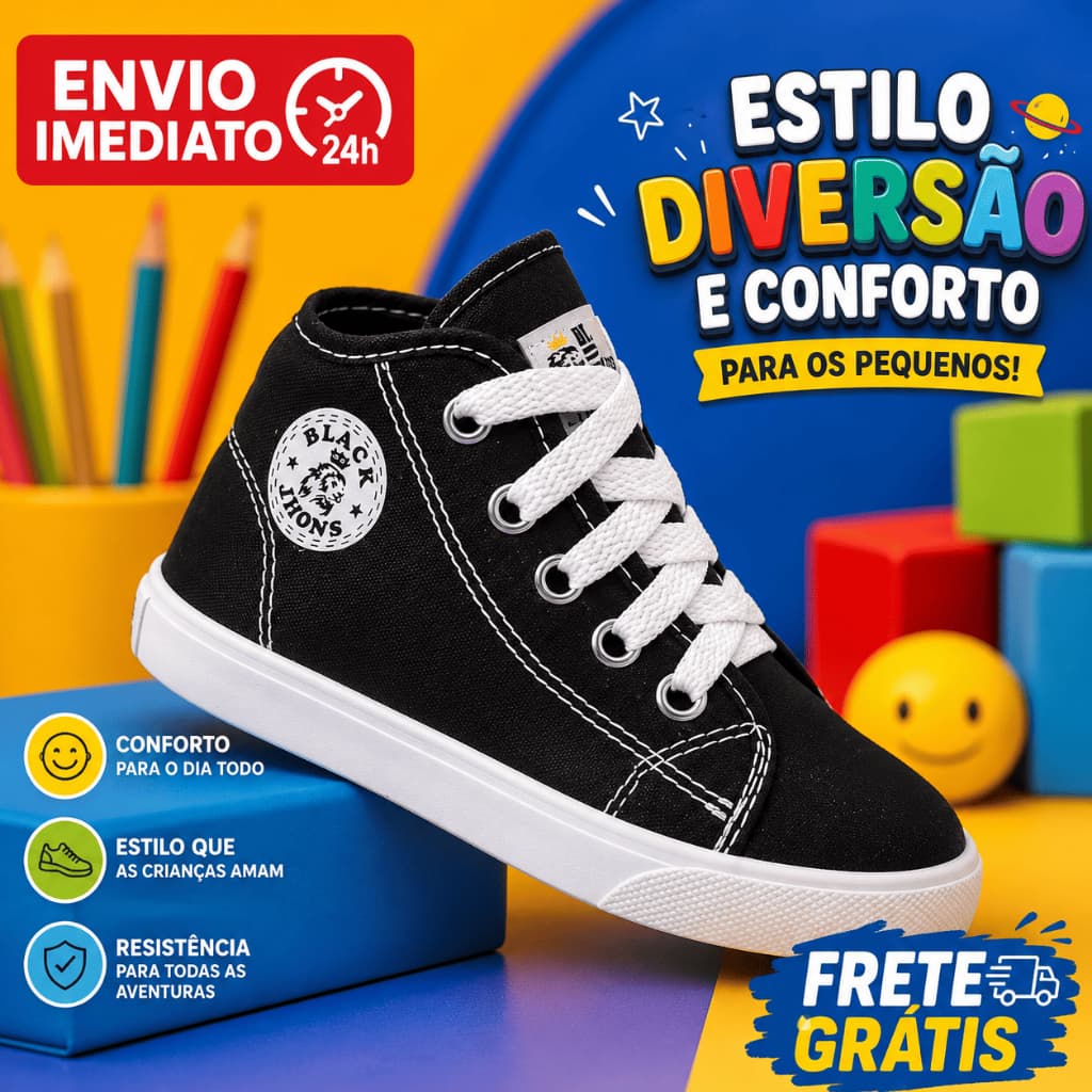 Tênis botinha Preto Menina Menino Black Jhons Footwear Conforto Envio Imediato Criança Pascoa