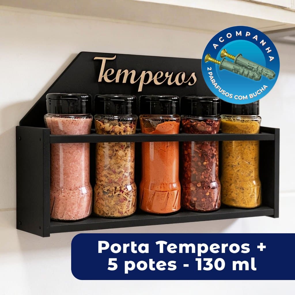 Porta Tempero para Cozinha de Madeira Resistente com 5 Potes 130ml Tapa Dupla com Etiquetas