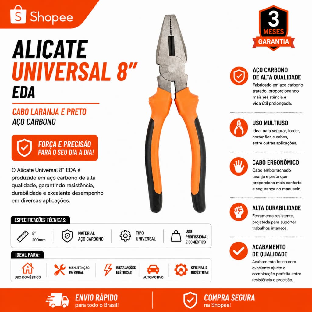 Alicate Universal Multiuso 8'' Polegadas Cabo Emborrachado Isolado Eletricista