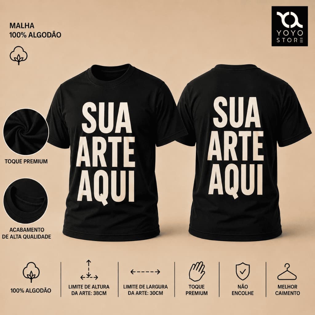 Camiseta Personalizada Adulto Frente e Costas Faça Sua Arte Estampa Criatividade Criar Plus Size
