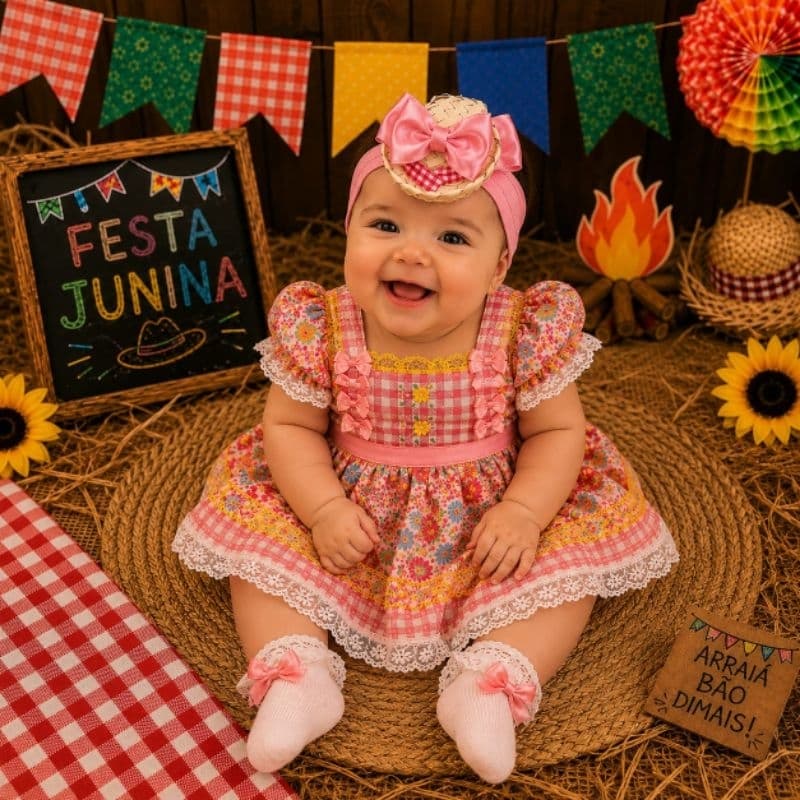 Lacos para bebê de  São João/Faixinha com Mini chapéuzinho e tranças para bebê