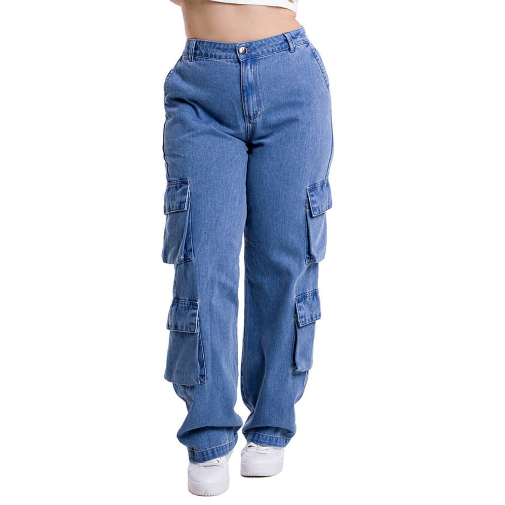Calça Feminina Plus Size Wide Leg Cargo com 8 Bolsos Jeans Premium Estilosa
