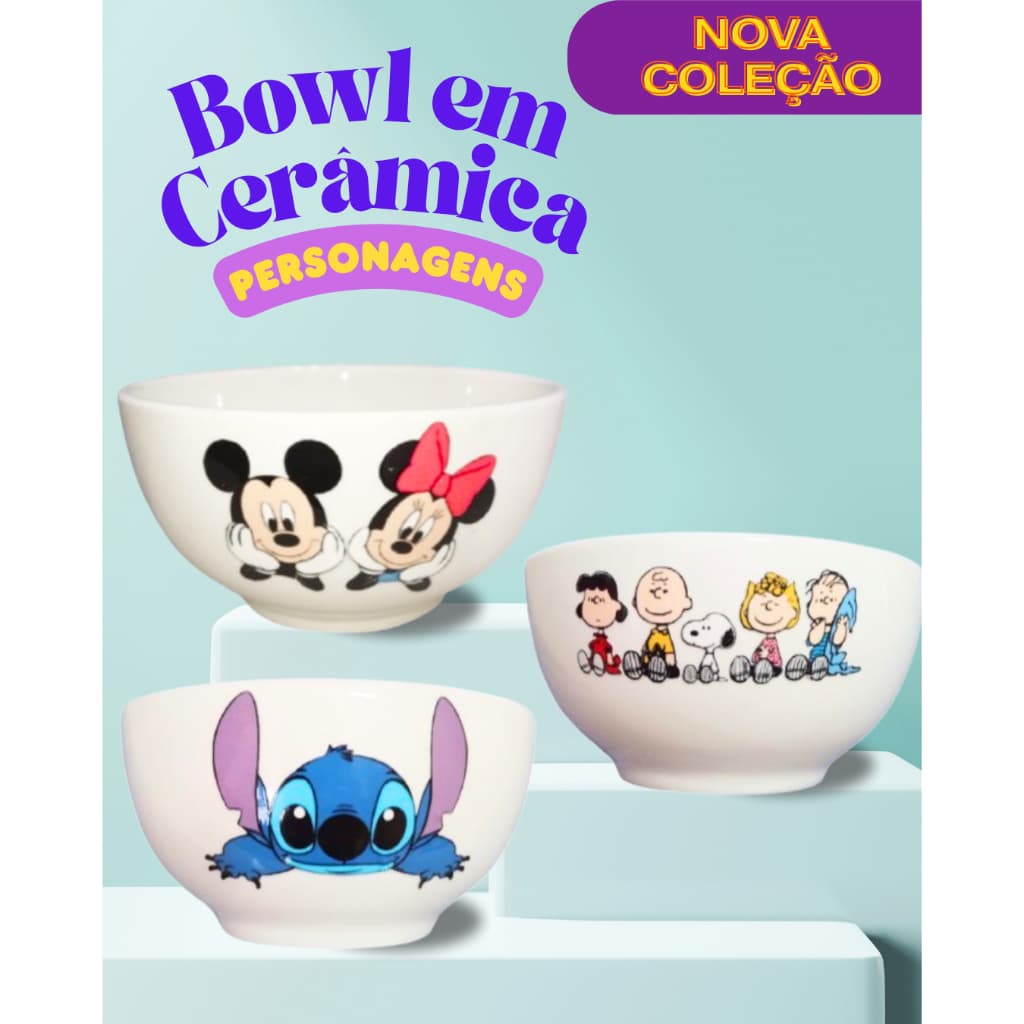Bowl em Porcelana Personagens Mickey, Minnie, Stitch e Snoopy | Tigela em Cerâmica | Presente Criativo Infantil Disney