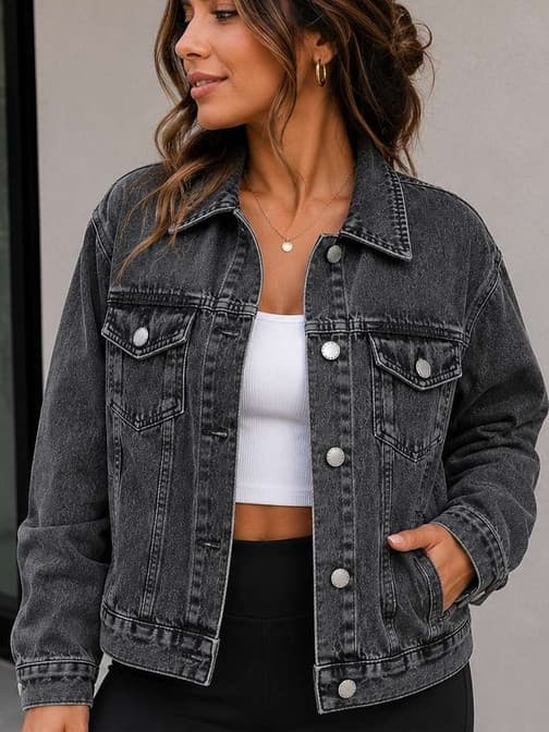 Jaqueta Jeans Feminina Casual Manga Longa Botões Bolsos roupas versáteis
