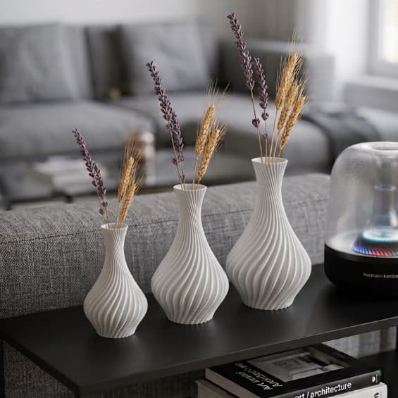 Kit 3 Vasos Decorativos Elegância Espiral Para Planta Artificial Natural Flores Lavanda Trigo