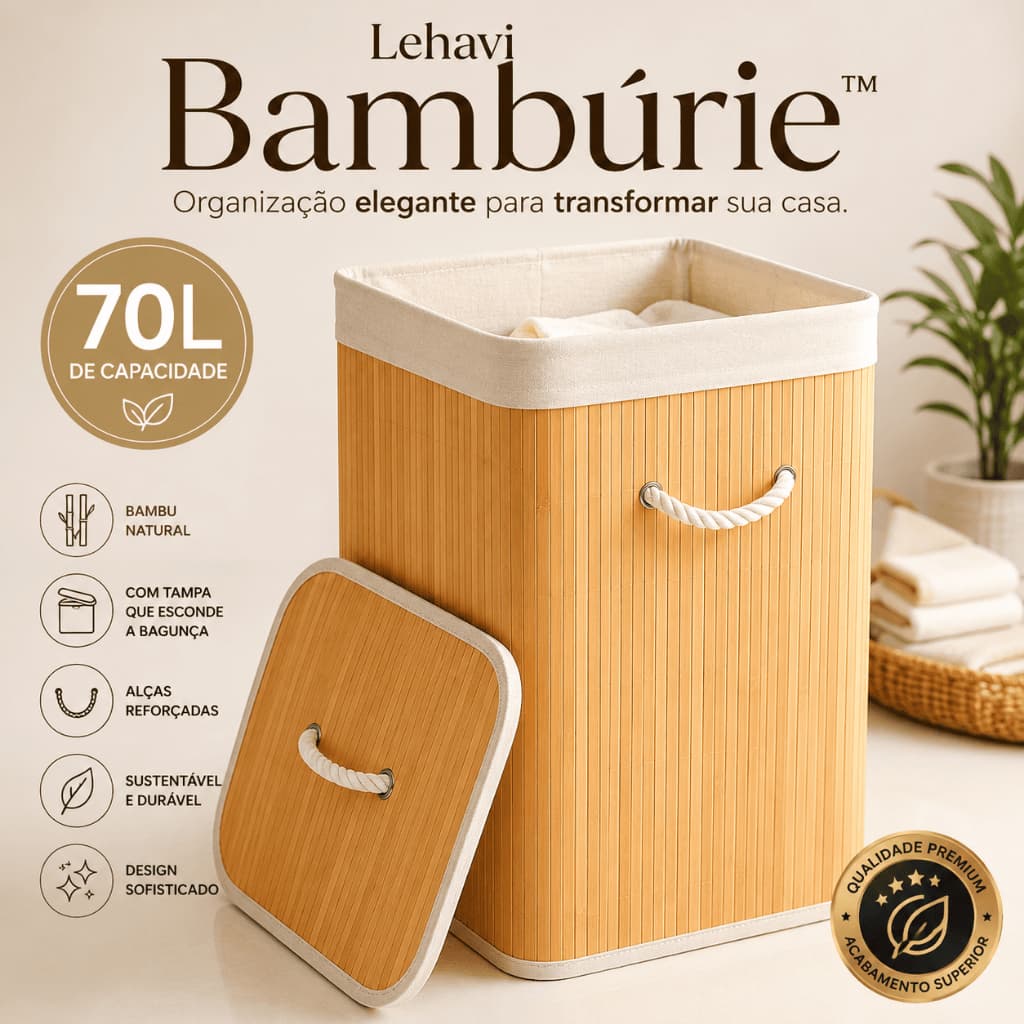 Cesto de Roupa Suja Organizador de Bambu 70L com Tampa e Alças