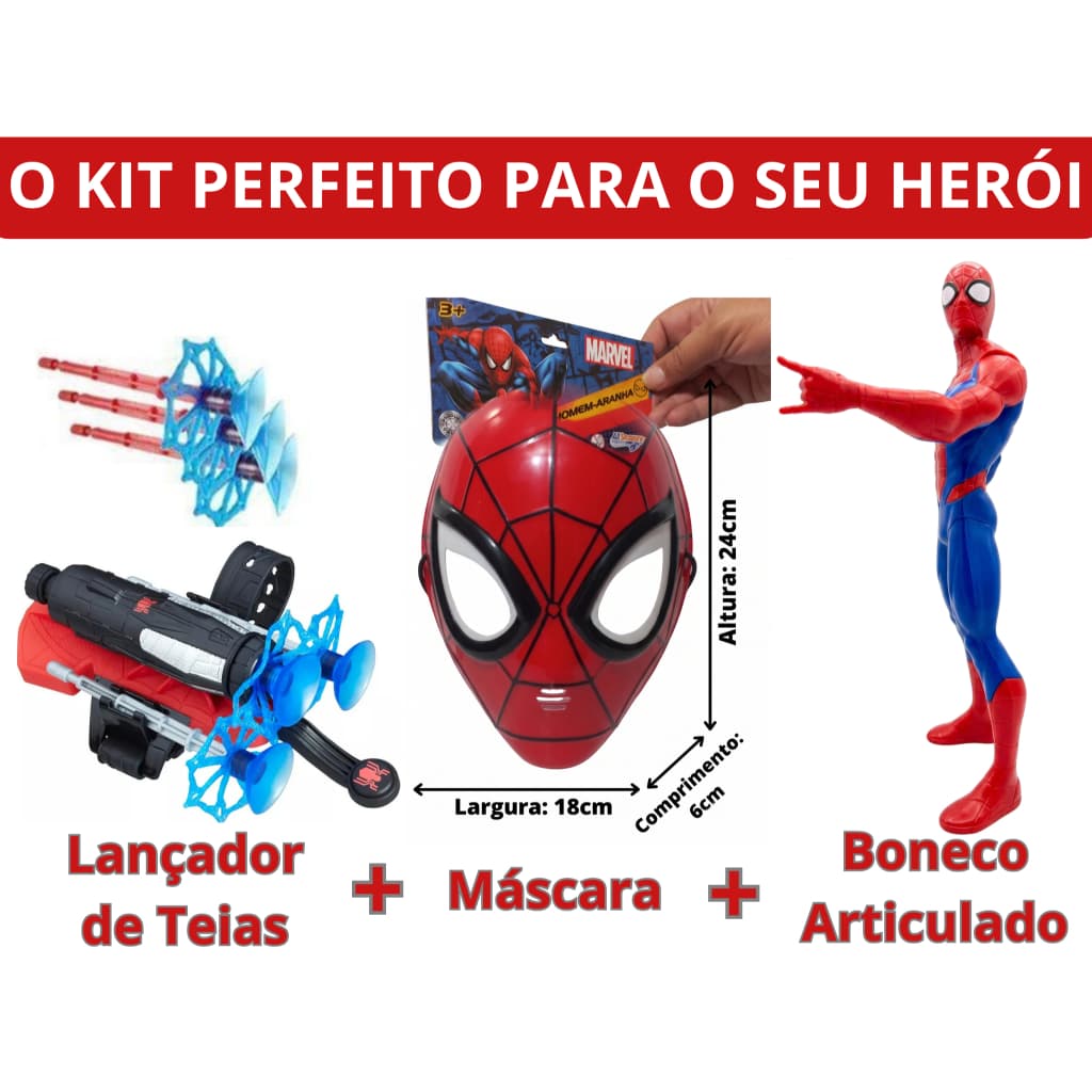 Kit Homem Aranha Lançador De Teia + Máscara + Boneco Articulado 22cm Presente Infantil Brinquedo