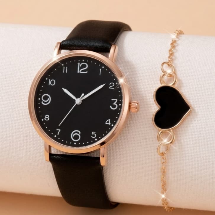 Kit Relógio Feminino Couro Sintético Casual Quartzo + Pulseira Coração Elegante Presente