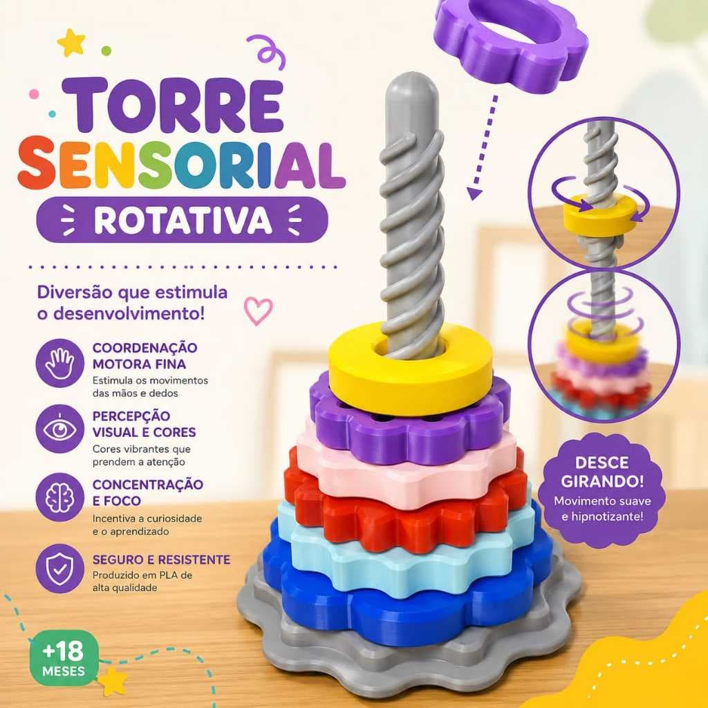 Torre Sensorial Rotativa Montessori | Brinquedo Educativo de Coordenação Motora e Cores
