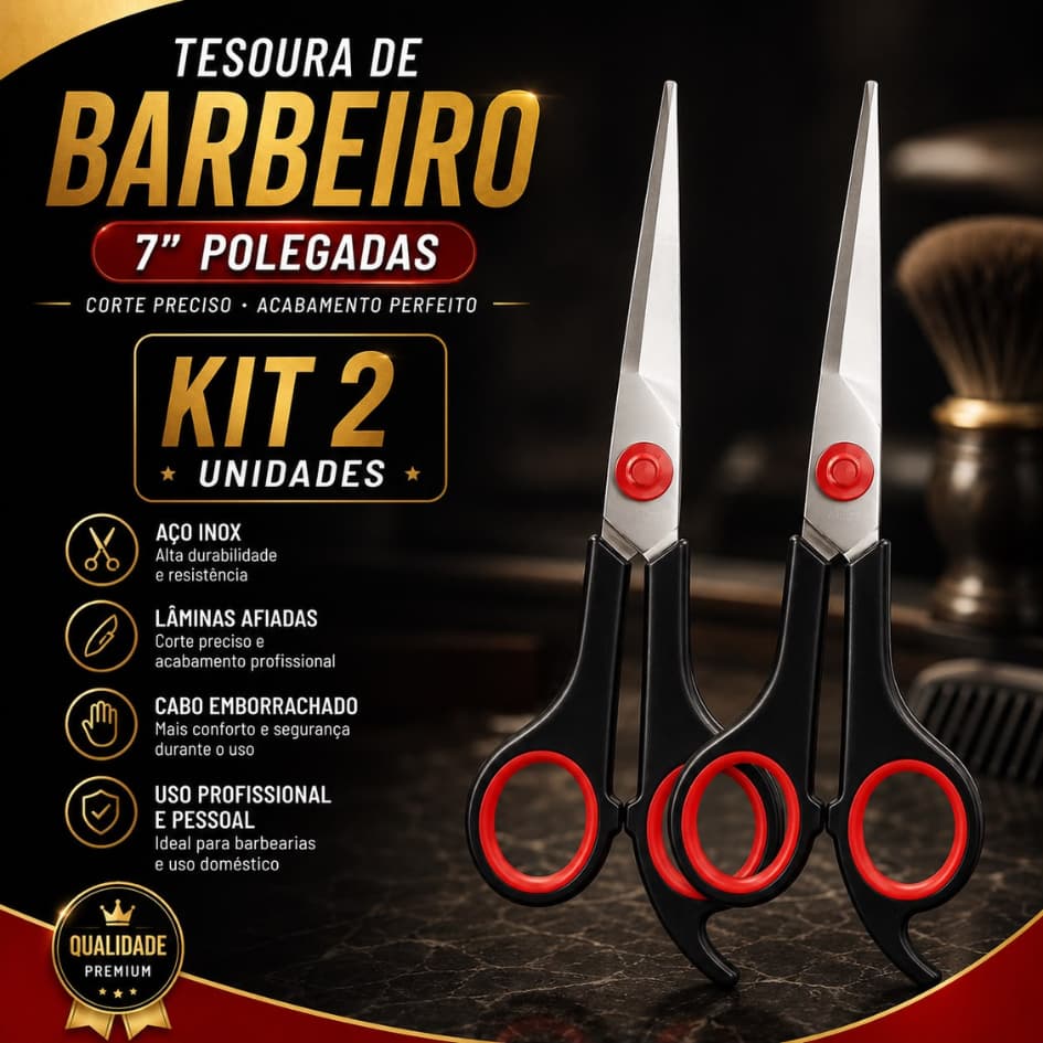 KIT 1 2 Tesoura 7" Polegadas Profissional Barbeiro  Aço Inox Cabelo Salão Artesanato Papelaria Profissional Ponta Fina