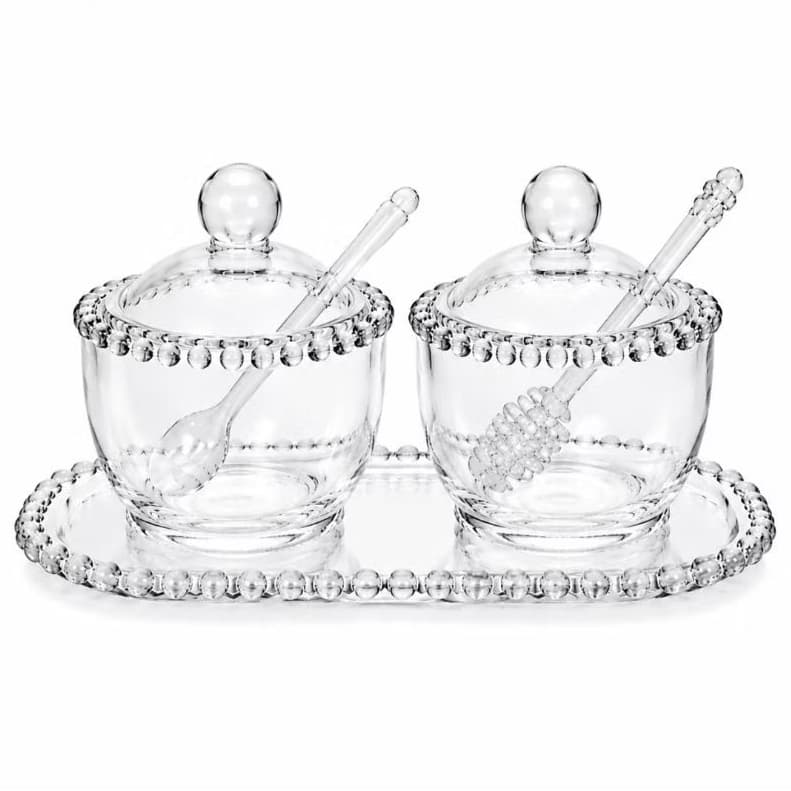 Kit Açucareiro Meleira Bandeja Travessa de Vidro Cristal Café Da Manhã