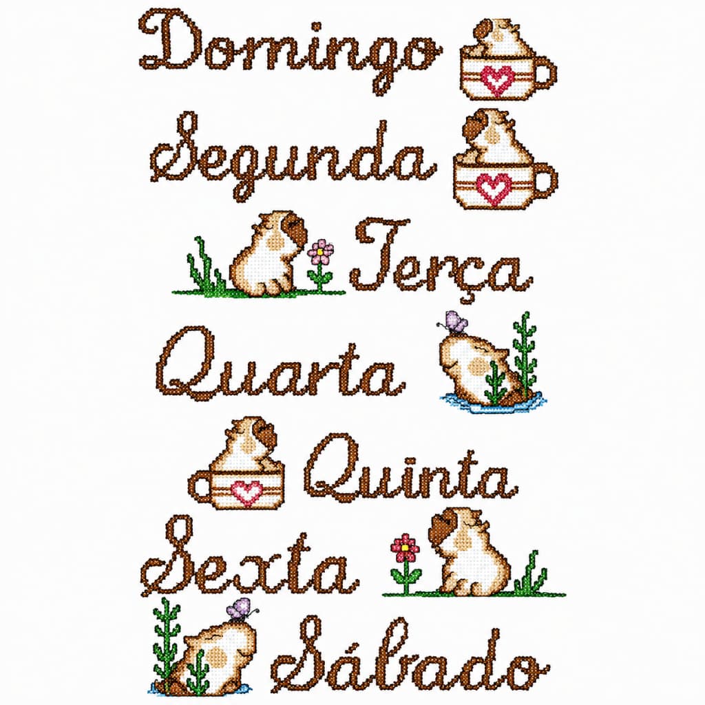 Kit 07 faixas Ponto Cruz dias da Semana Capivara para semaninha artesanato panos de prato 9,7 cm x 50 cm comprimento