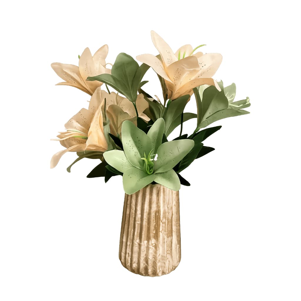 Arranjo Decorativo com Lírios Creme e Verde | Vaso de Gesso Canelado | Decoração Elegante