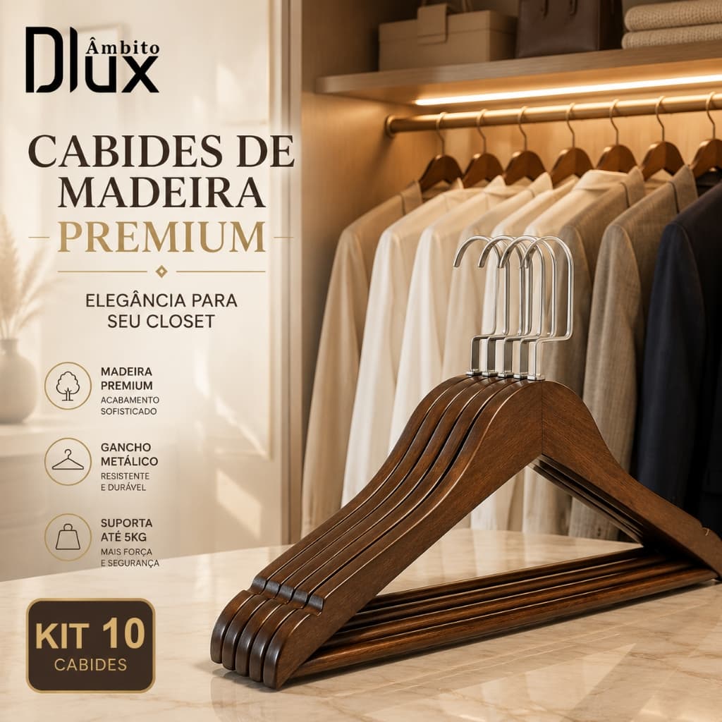 Ambito Dlux Kit 10 Cabides De Madeira Premium 44cm Para Roupas Closet Luxo Organizado Com Gancho Metálico Resistente