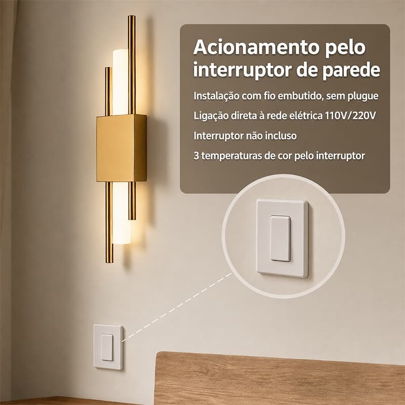 Arandela de Parede LED Dourada Moderna 3 Cor Bivolt para Sala de Estar, Banheiro e Corredor Instalação Elétrica