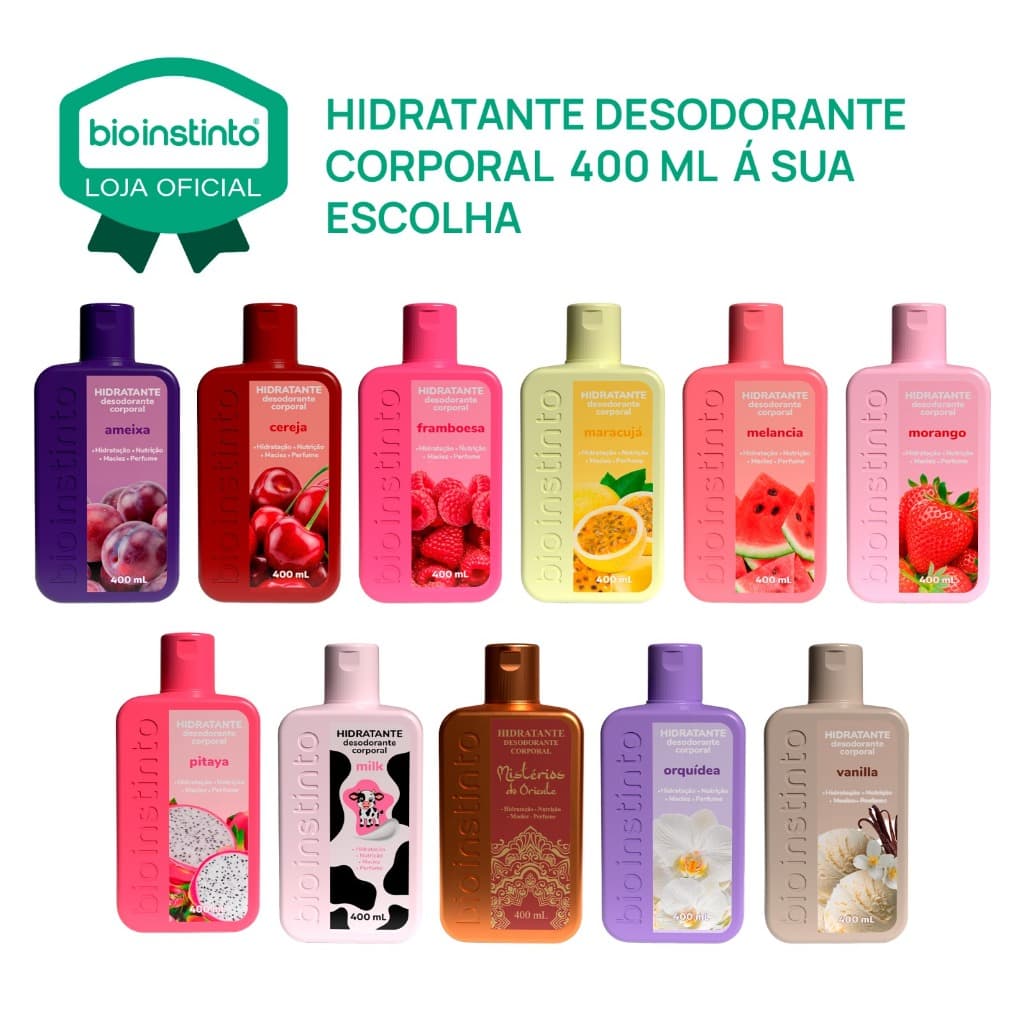 01 UN Hidratante Corporal Bio Instinto 400ml Nutrição maciez Frutas e Aromas Especiais Lançamento