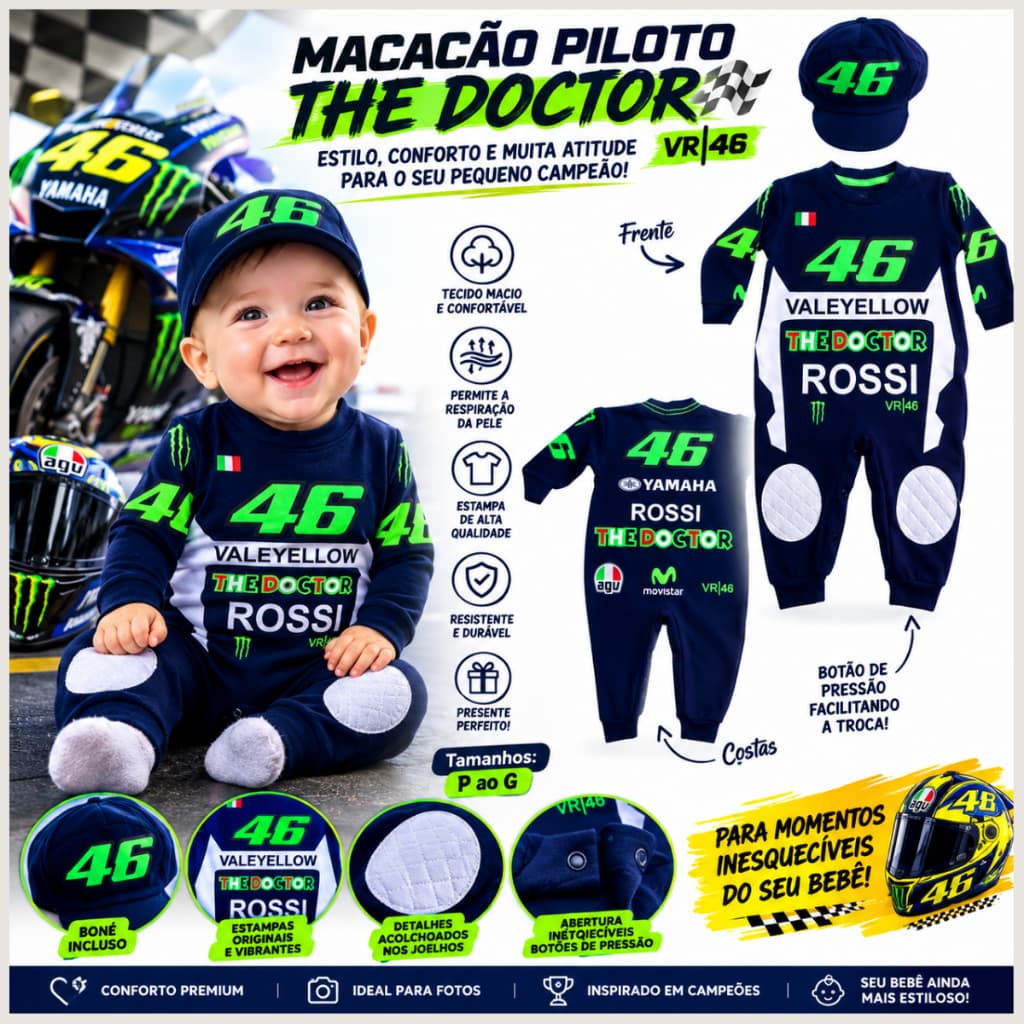 Macacão + Boina Piloto MotoGp Corrida Rossi 46