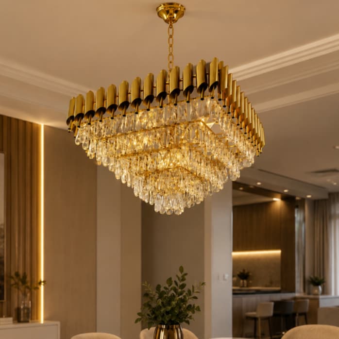 Lustre de Cristal Quadrado Premium LED E14 Dourado Preto Sala de Jantar Luxo Moderno 30x30 40x40 50x50 60x60