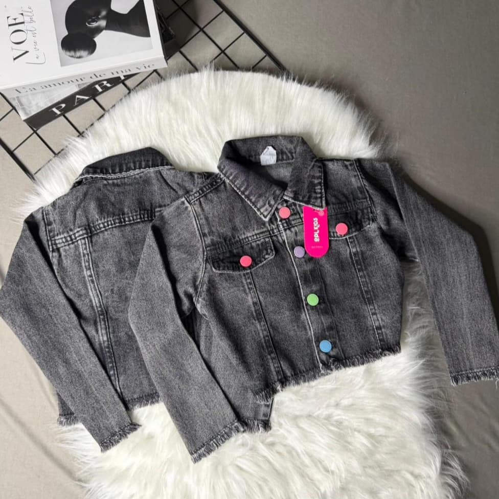 Jaqueta Jeans Infantil Juvenil Preta Marmorizada Menina 2 a 16 Anos