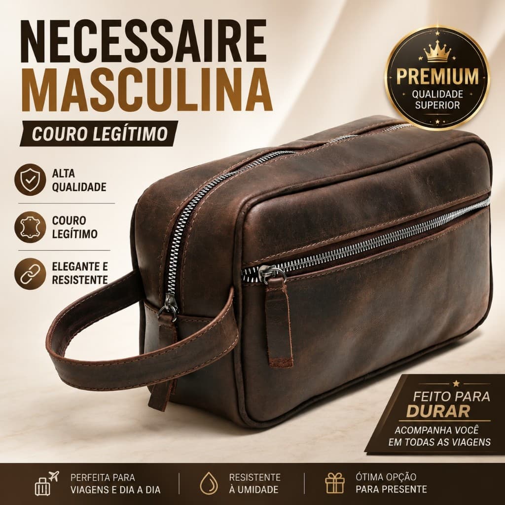 Necessaire Masculina De Couro Legítimo Organizador Viagem  Executiva Mala De Zíper Qualidade Premium
