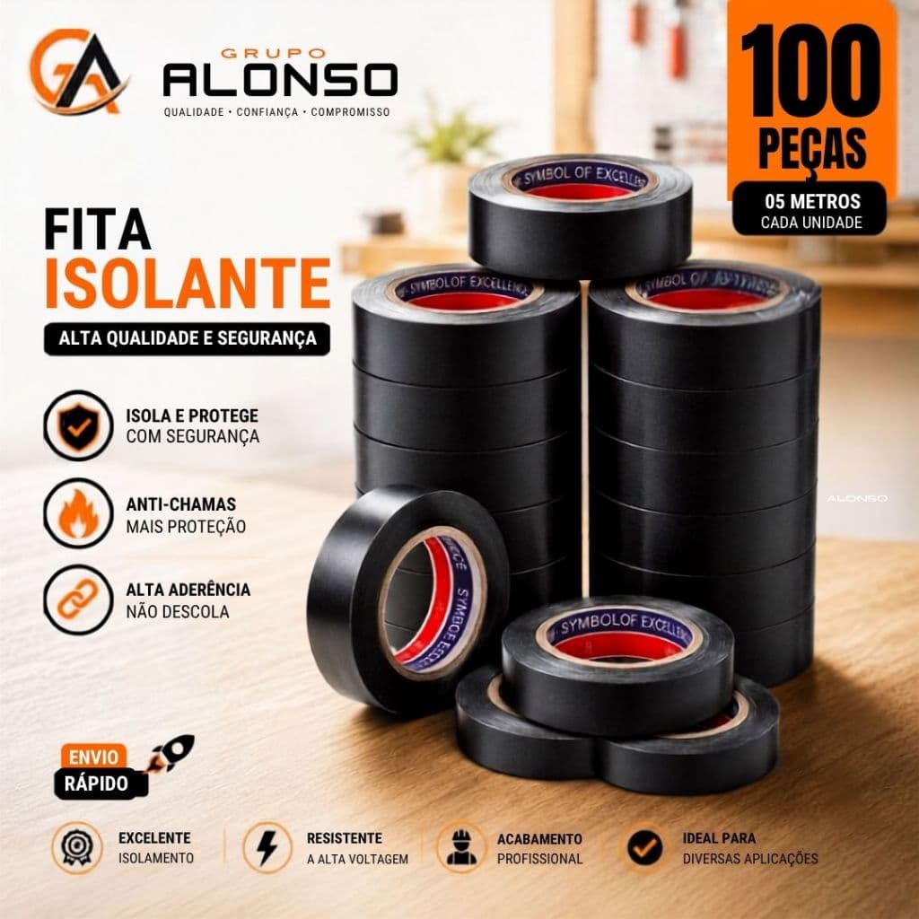 Kit 100/50 Fita Isolante Preta Antichamas 5 Metros Alta Resistência para Serviços Elétricas